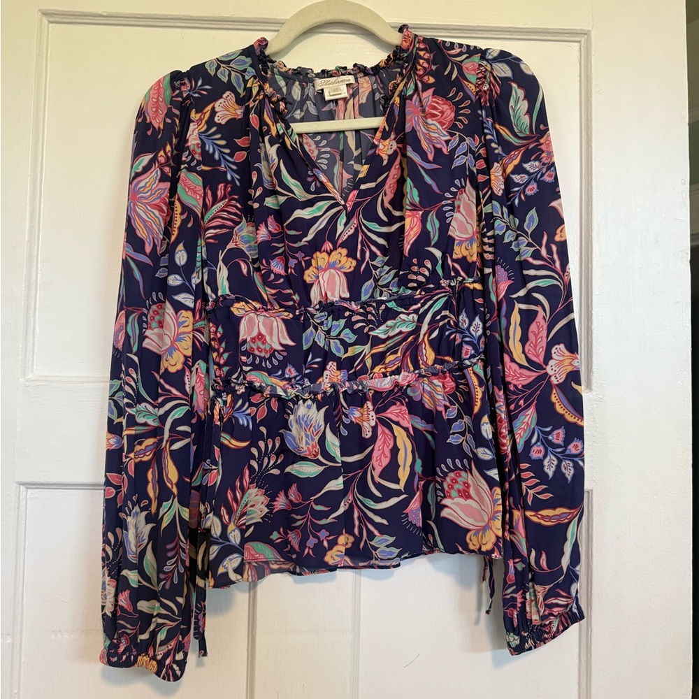 Shoshanna Blue Puff Sleeve Blouse with Ruffled Tie Front